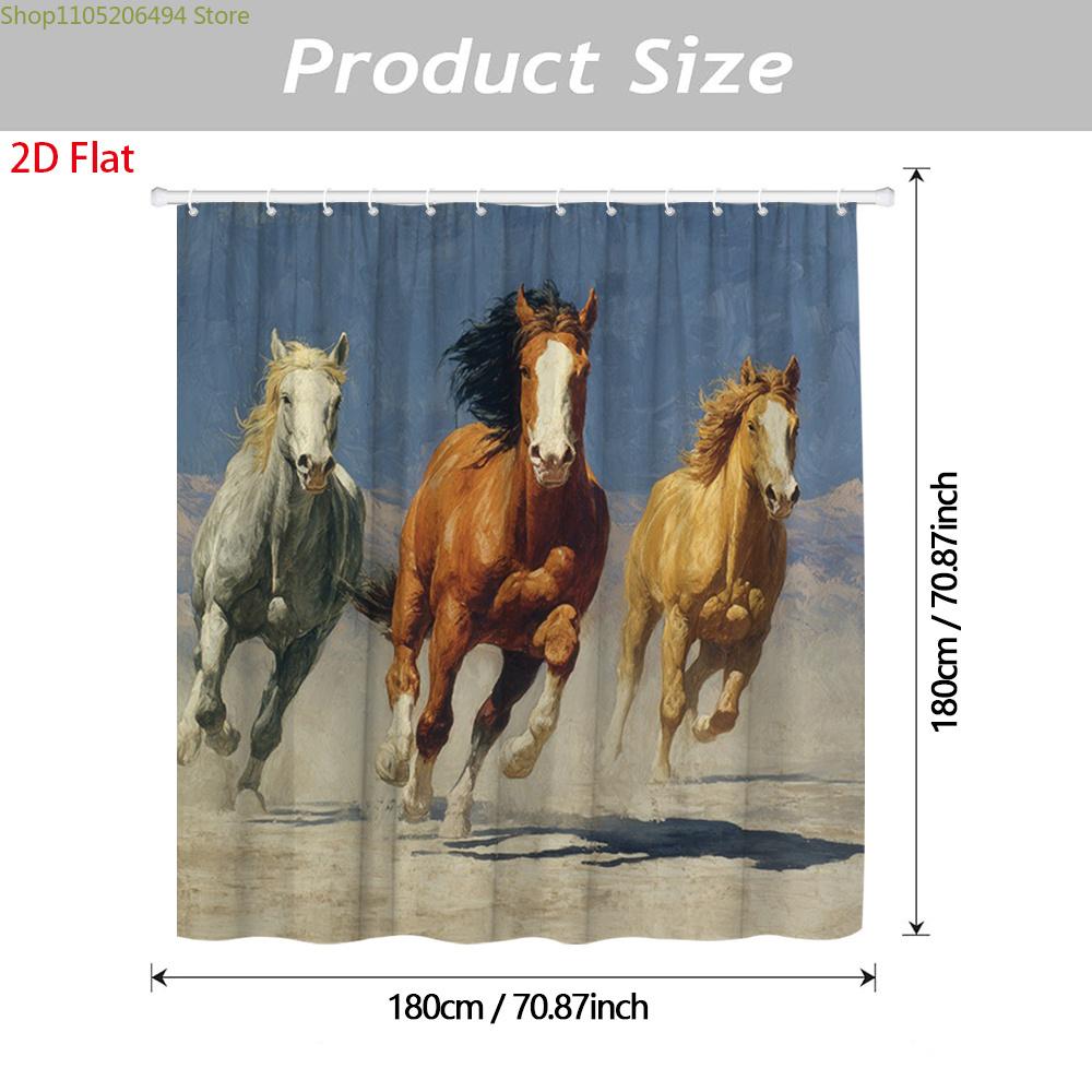 2D Flat, 2D Flat, 1Pc 2D Flat Horse Running Shower Curtain | Polyester Fabric, Vintage Art Nature Scene, Bathroom Decor, Inclu
