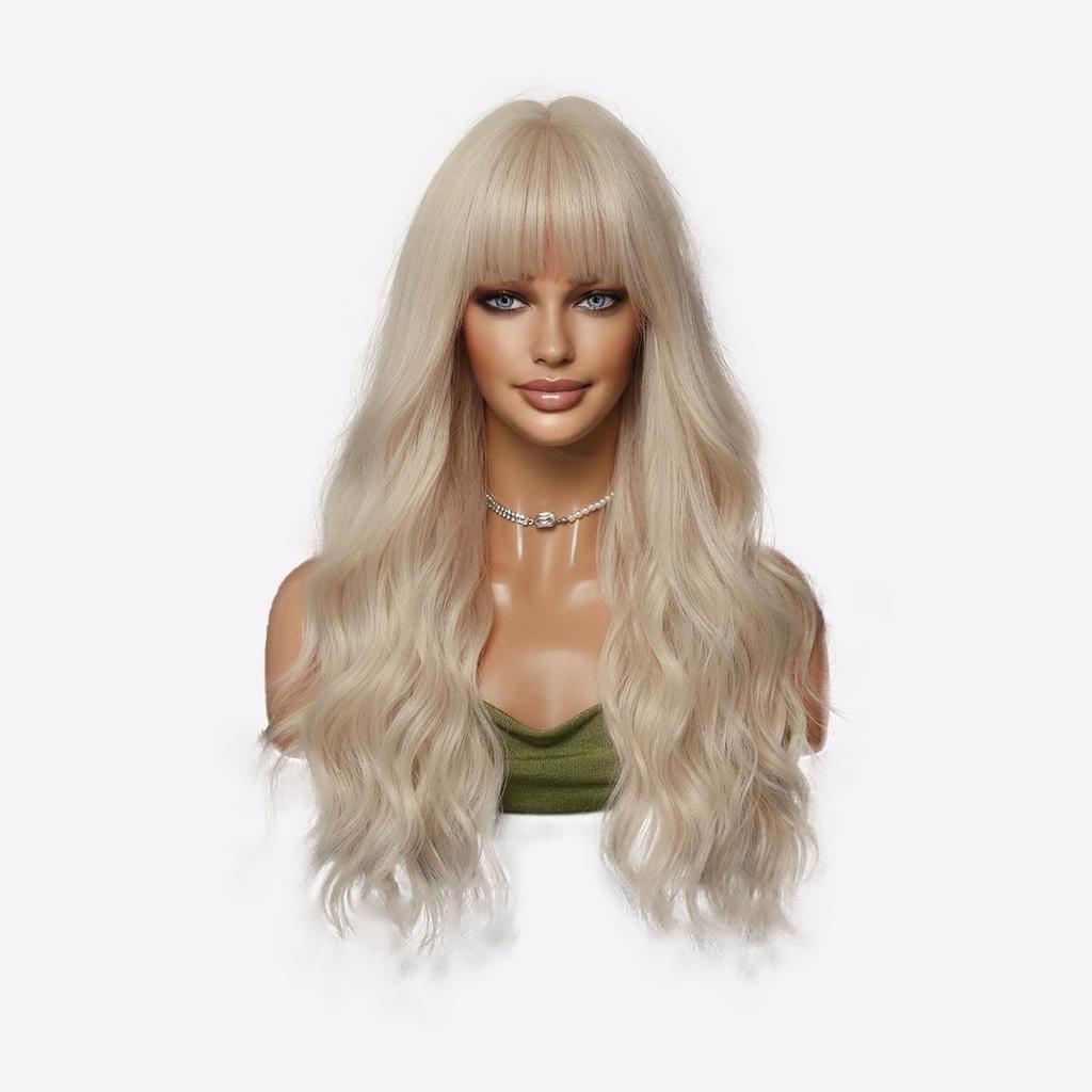 Vibrant Orange Ginger Wig - 26" Heat Resistant Loose Waves with Blunt Bangs, Platinum & Pink Balayage Synthetic Hair for Cosplay & Parties