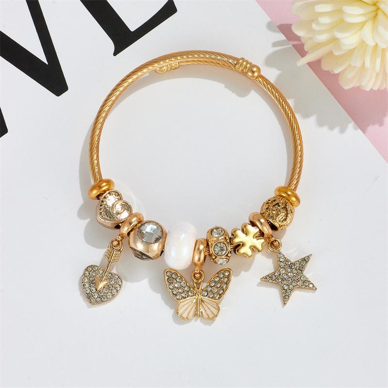 Wind Theme Diamond Heart Beaded Bracelet with Butterfly and Star Charms Stainless Steel Bangle for Girls