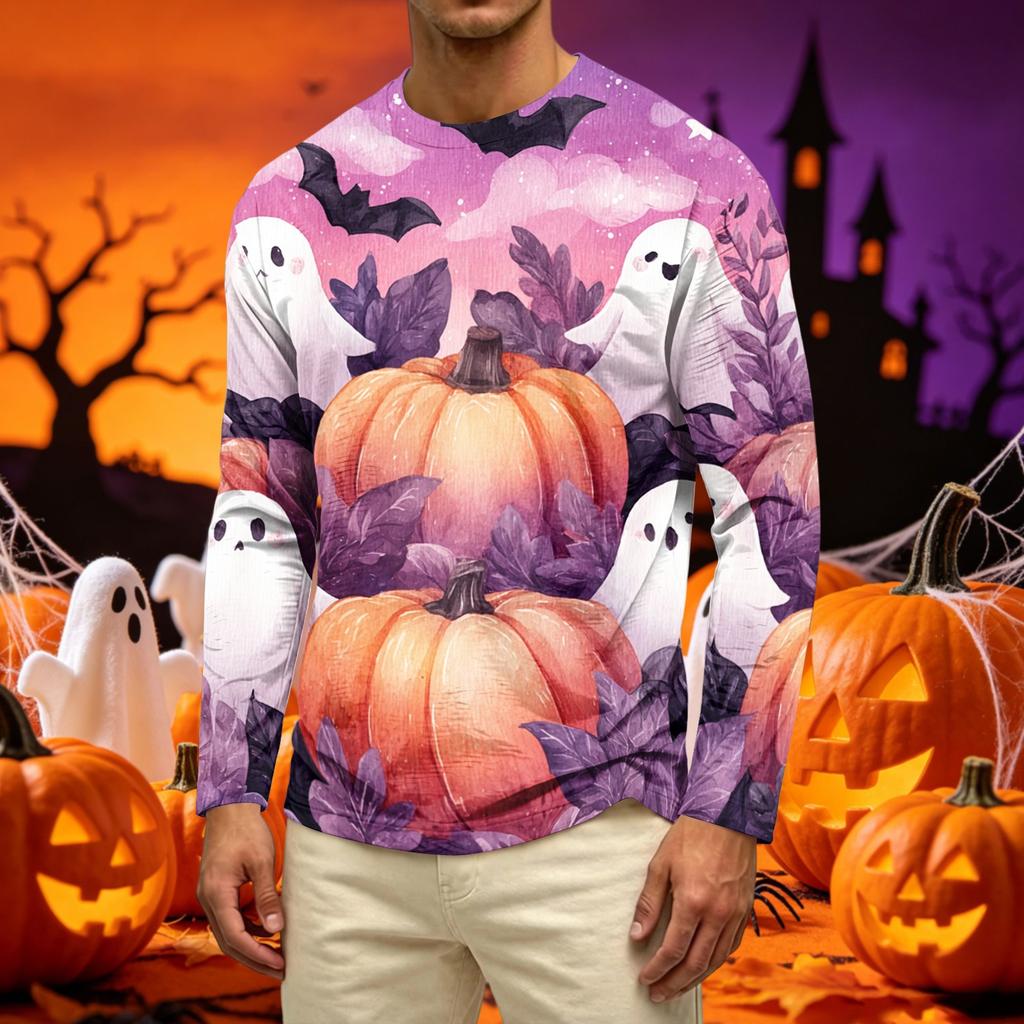 Men's Casual Long Sleeve Crew Neck T Shirt Halloween Pumpkin Ghost Print Lightweight Comfortable Fit Top