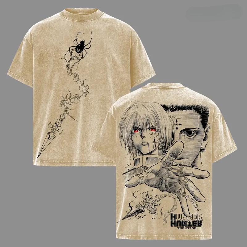 Kurapika Chrollo Print T-shirt Anime Hunter X Hunter Clothing Men Women Cotton Tshirts Retro Washed T Shirt Harajuku Male Tops