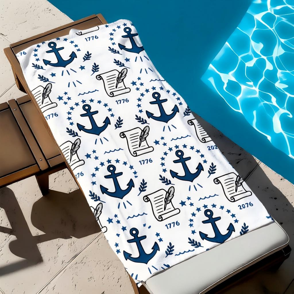 Nautical 1776 Anchor Pattern Beach Towel, Soft Microfiber Quick Dry Towel, Absorbent Towel for Swimming Travel Camping