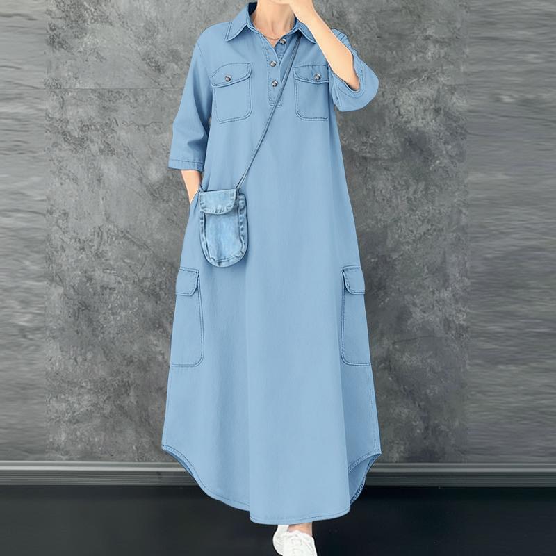 

ZANZEA Женское повседневное платье свободного кроя с отложным воротником и рукавом 3/4 5XL