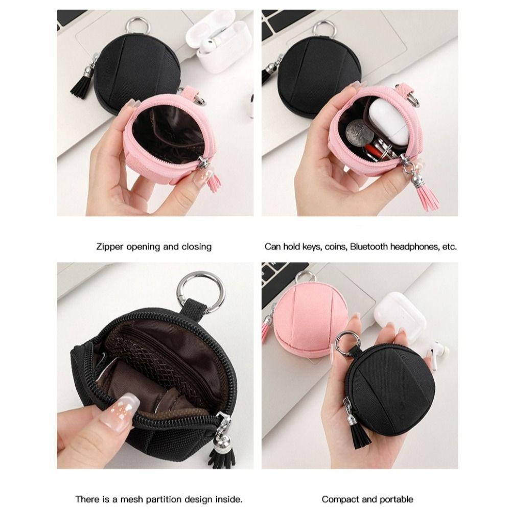 New Canvas Mini Coin Bag Solid Color Round Small Pocket Bag with Zipper Key Earphones Pouch