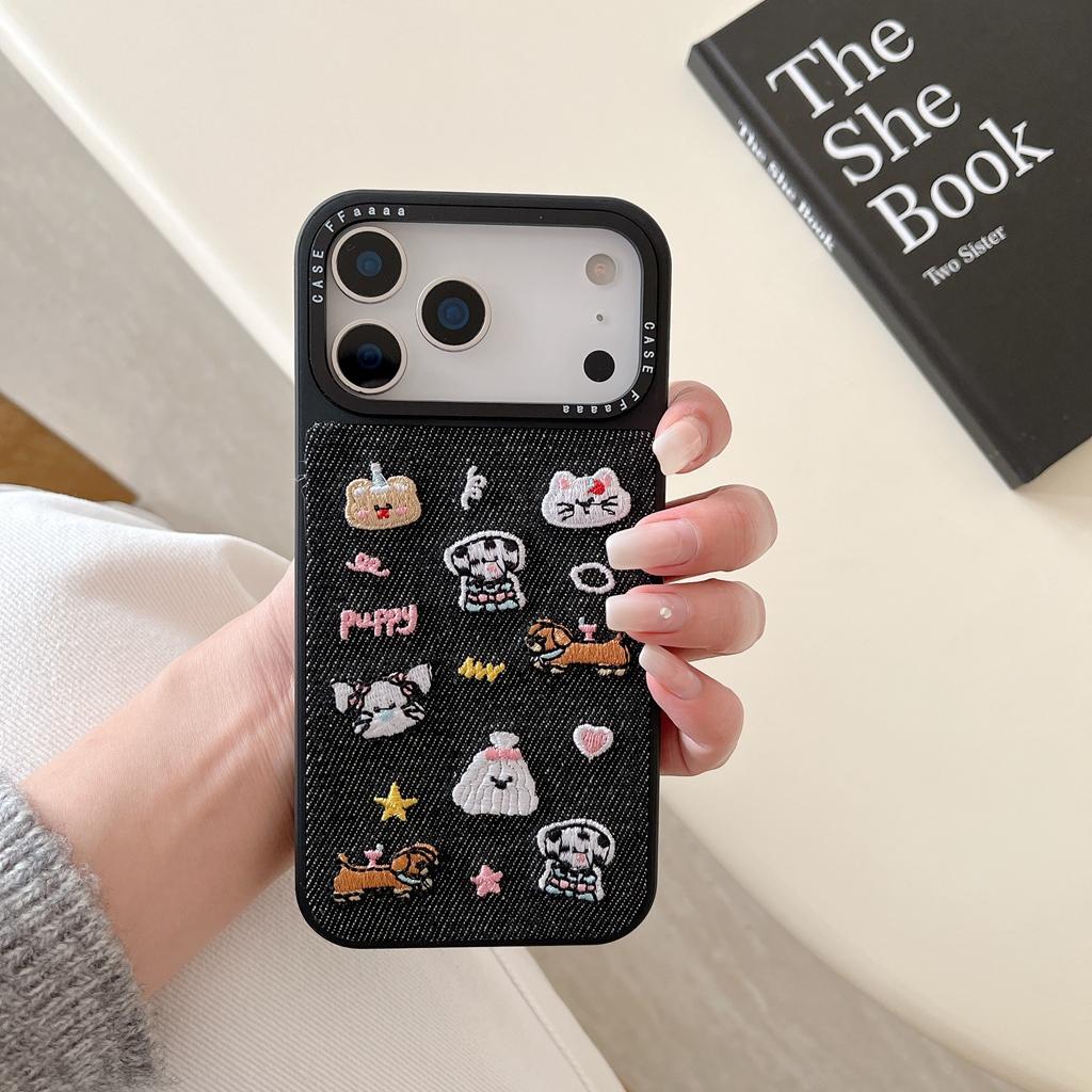 Fashion Denim Embroidery Cute Puppy Small Animal Shockproof Protective Phone Cover Case for iPhone 17 16 15 14 Pro Max