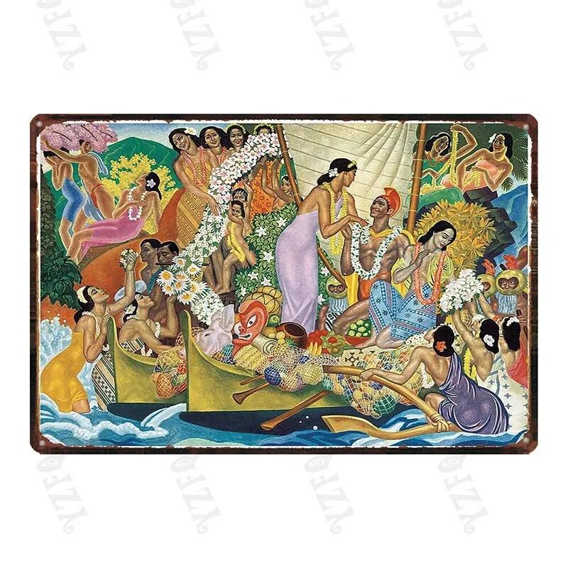 Vintage Hawaii City Painting with Hula Dancers  Metal Travel Tin Sign for Wall Decor In Pubs Cafes and Homes  Beach Metal Pla