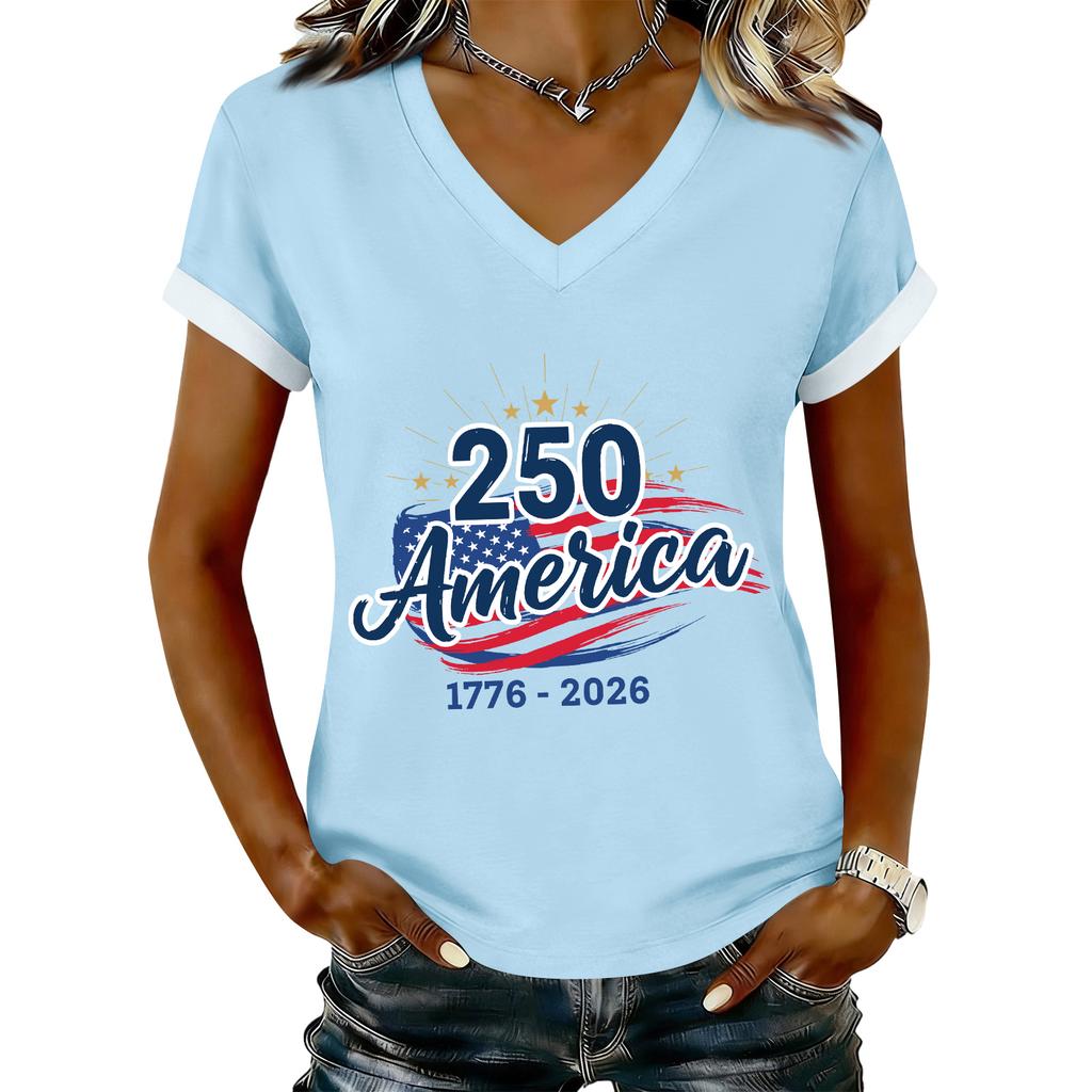 Women's Casual Printed T-Shirt V Neck Pullover Short Sleeve Top