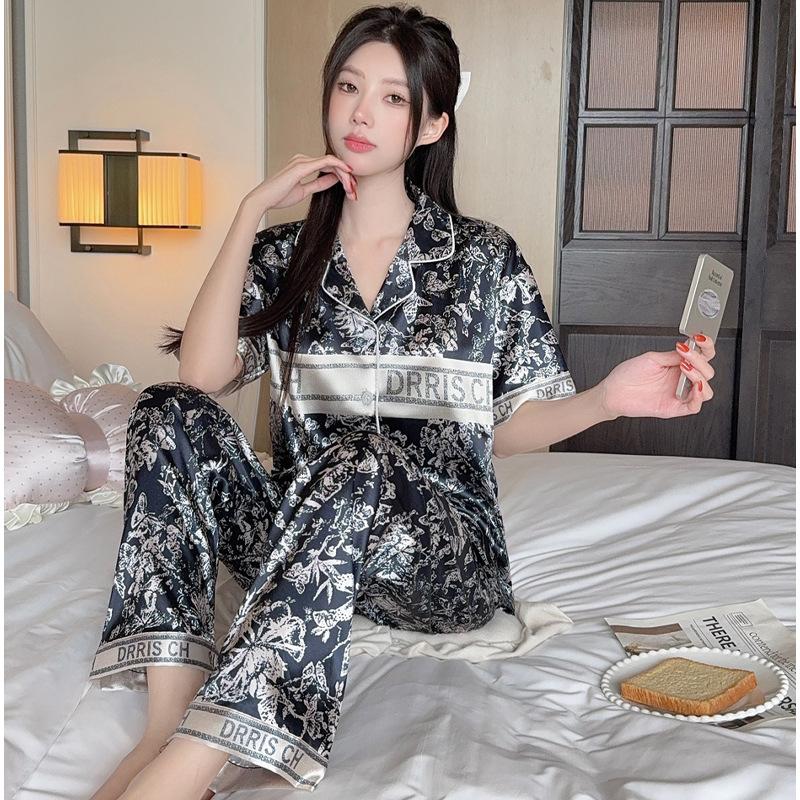 National Style Light Luxury High-End Style Flower Cold Silk Cool Pajamas Women'S Summer Short-Sleeved Trousers Set