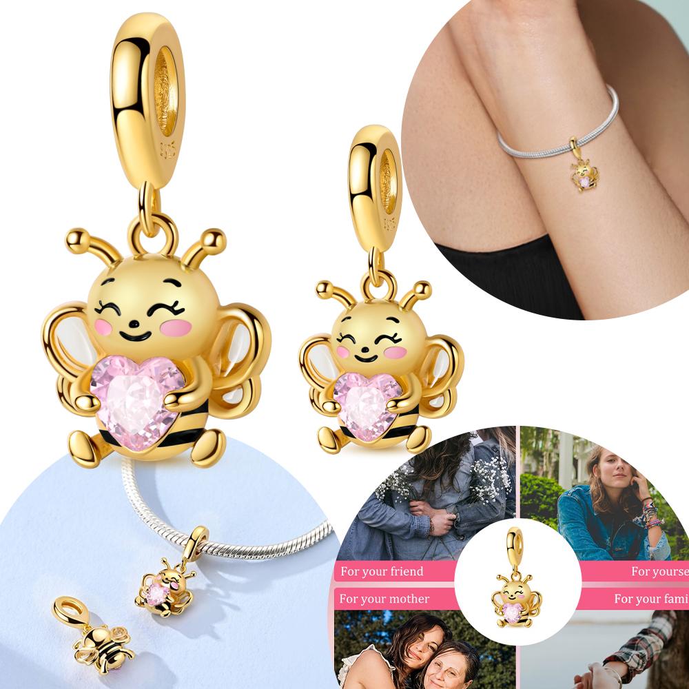Originalcopper Golden Pendant Animal Bee Pink Heart Bead Fit Bracelet Women Jewelry Diy Accessory Child Friend Fine Gift