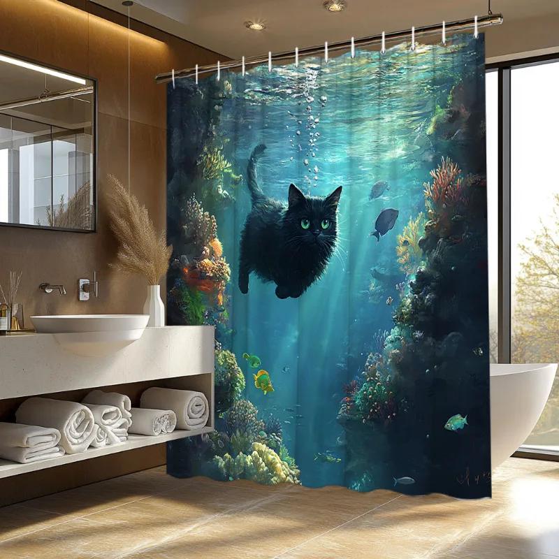 Jessica Chen Black/Coral/Green Cat Swimming Through Reef Shower Curtain – Whimsical Underwater Scene With -Eyed Cat