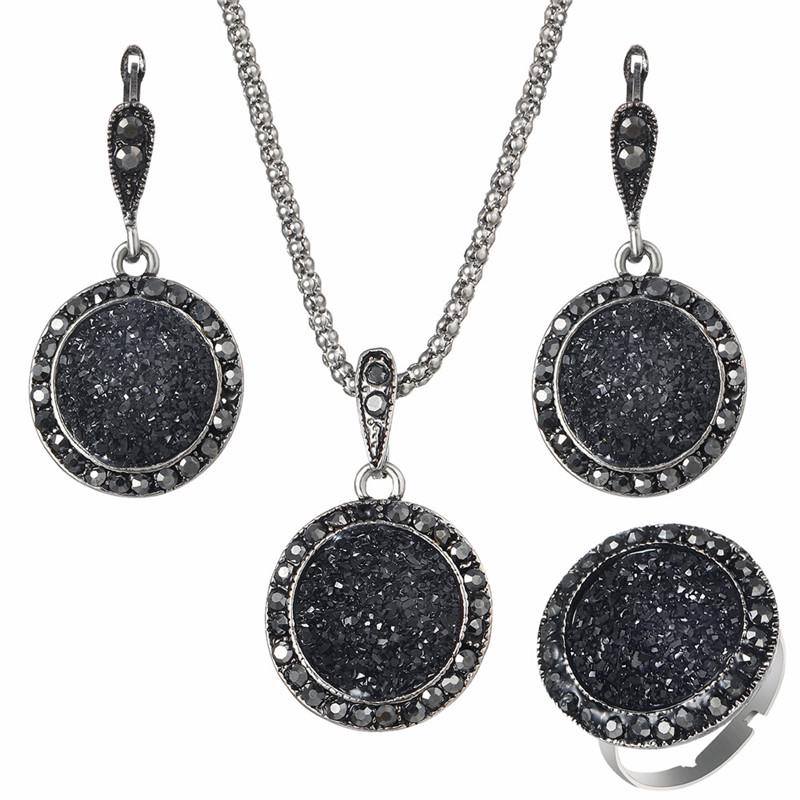 

Vintage Wedding Jewelry Sets Black Stone Resin Necklace Set Ring Earrings For Women Fashion Crystal Jewellery Bridal Gift