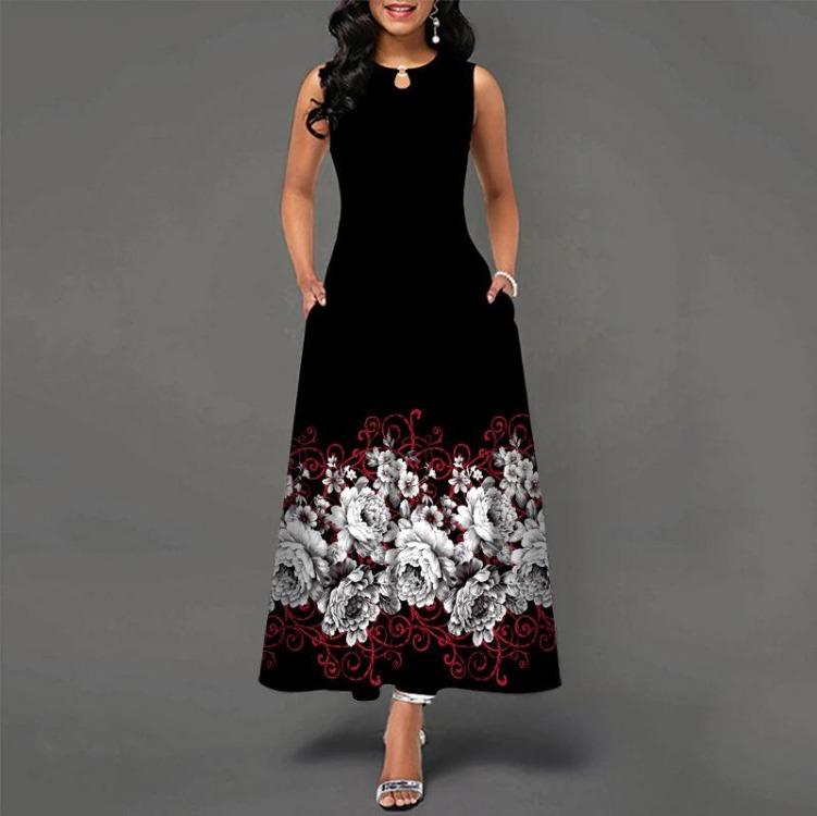 Women Summer Sleeveless V Neck Printed Maxi Dress