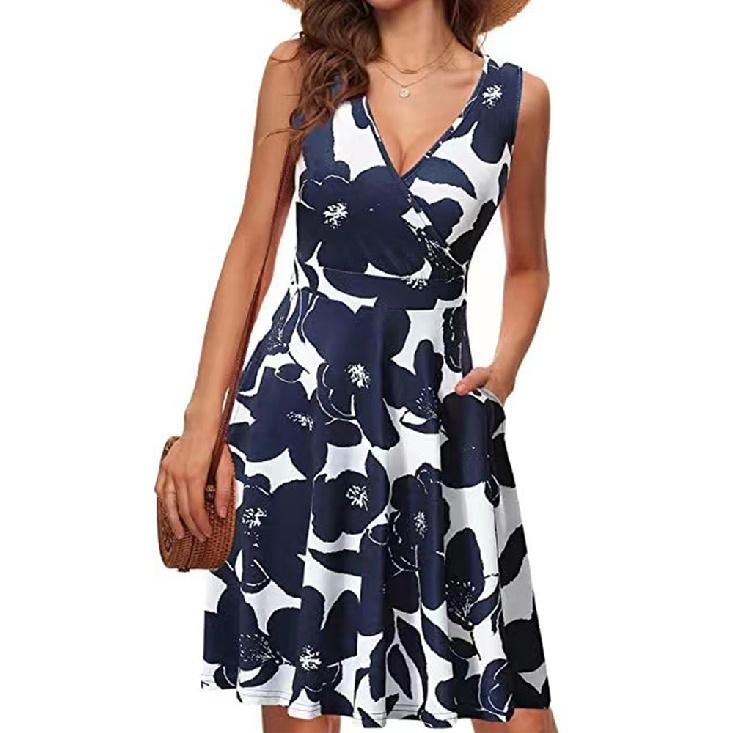 Women Elegant V-Neck Fashion Printed Pocket Sleeveless Dresses Summer Ladies Casual Short Dress Female Party Vestidos