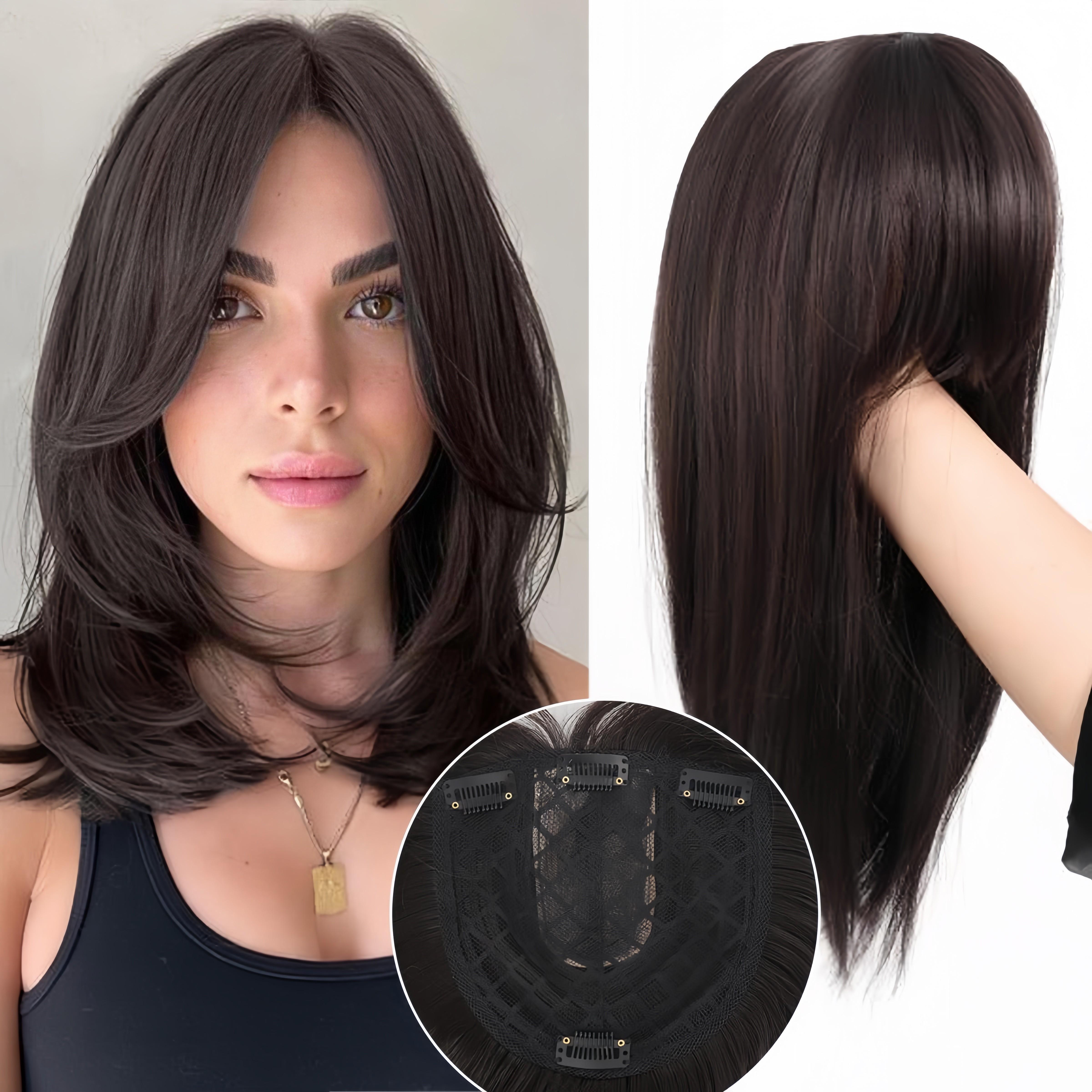 

Женский элегантный топпер для волос с челкой, 14-дюймовый прямой синтетический зажим для редеющих волос, подходит для всех, удобный дизайн овального основания