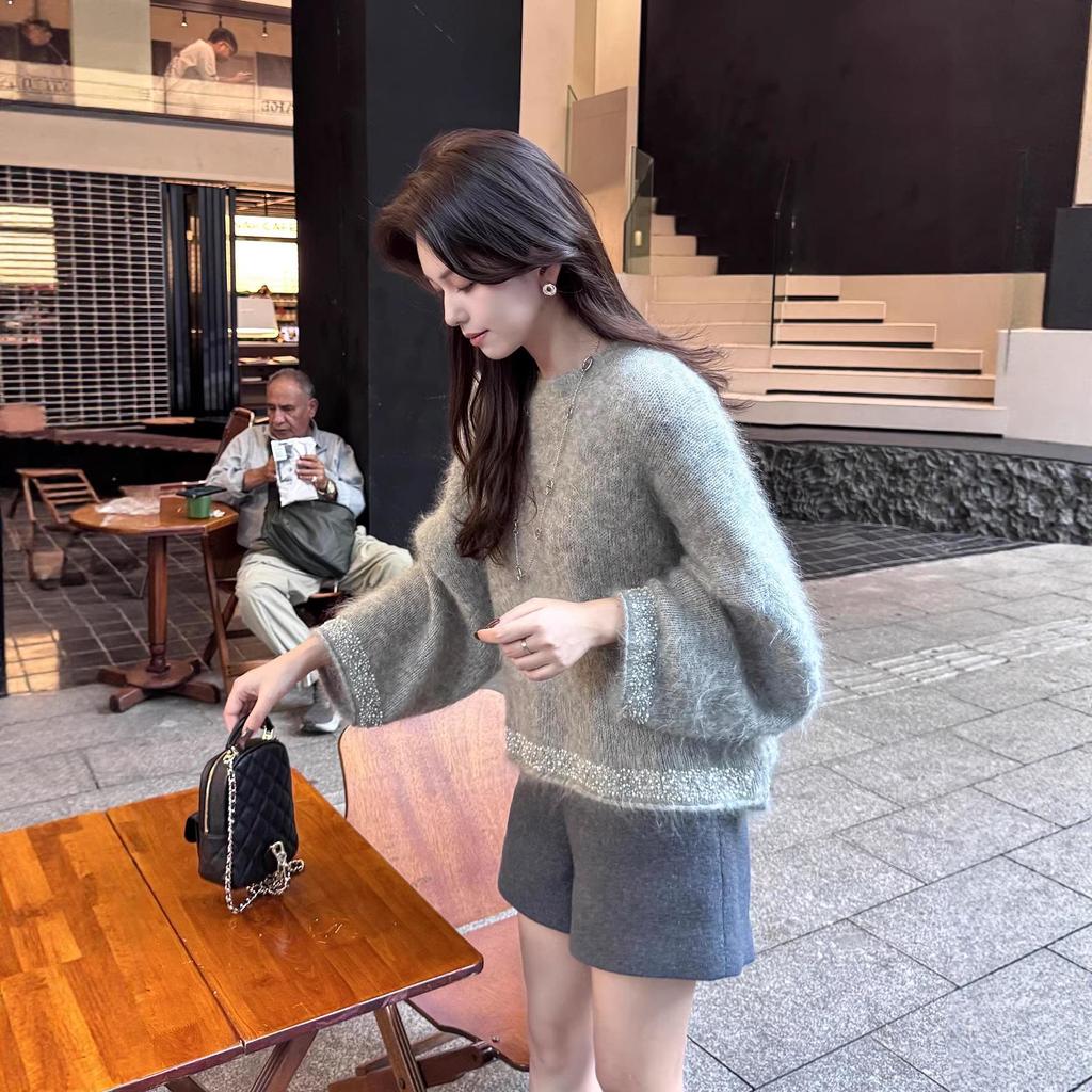 High-End Women's Gray Mohair Beaded Pullover Sweater - Loose, Soft Knit Top for Autumn/Winter