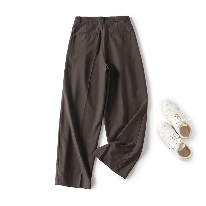 

Женские весенние брюки 2025 года с двойными складками, прямые, свободные, для通勤 Medium темно-коричневого