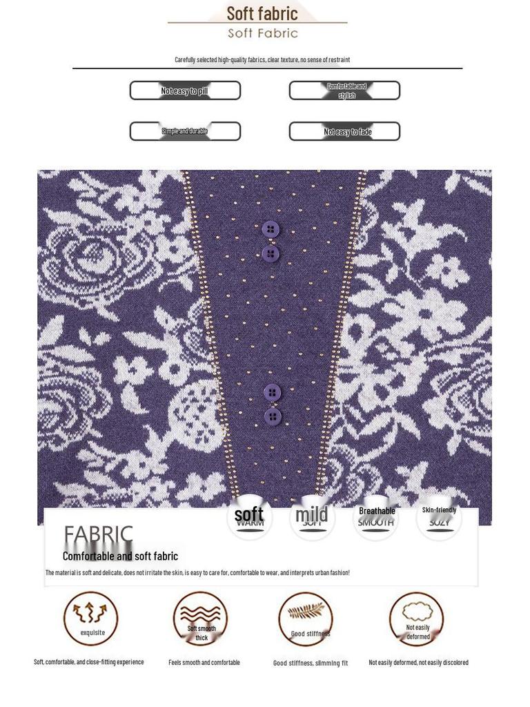 Elegant Knit Top for Middle-Aged & Elderly Women - Autumn/Winter Half-High Collar with Fleece Lining