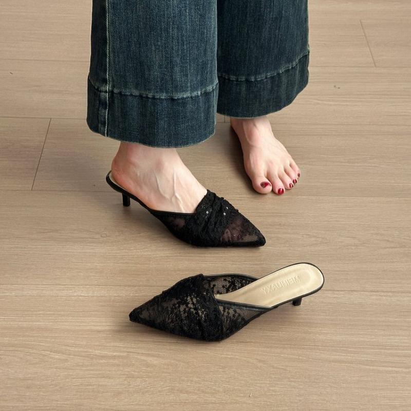 White Embroidery Lace Heels Mule Slide Woman Point Toe Stiletto Bride Shoes Ladies Elegant Wedding Party Dress Pumps New Popular