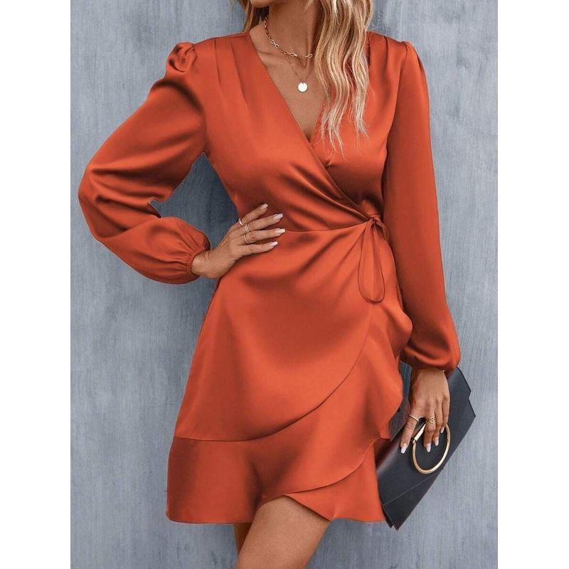 Summer Satin Dress European and American Women Summer V-neck Satin Dress Satin Waist Hugging Low Cut Midi dress