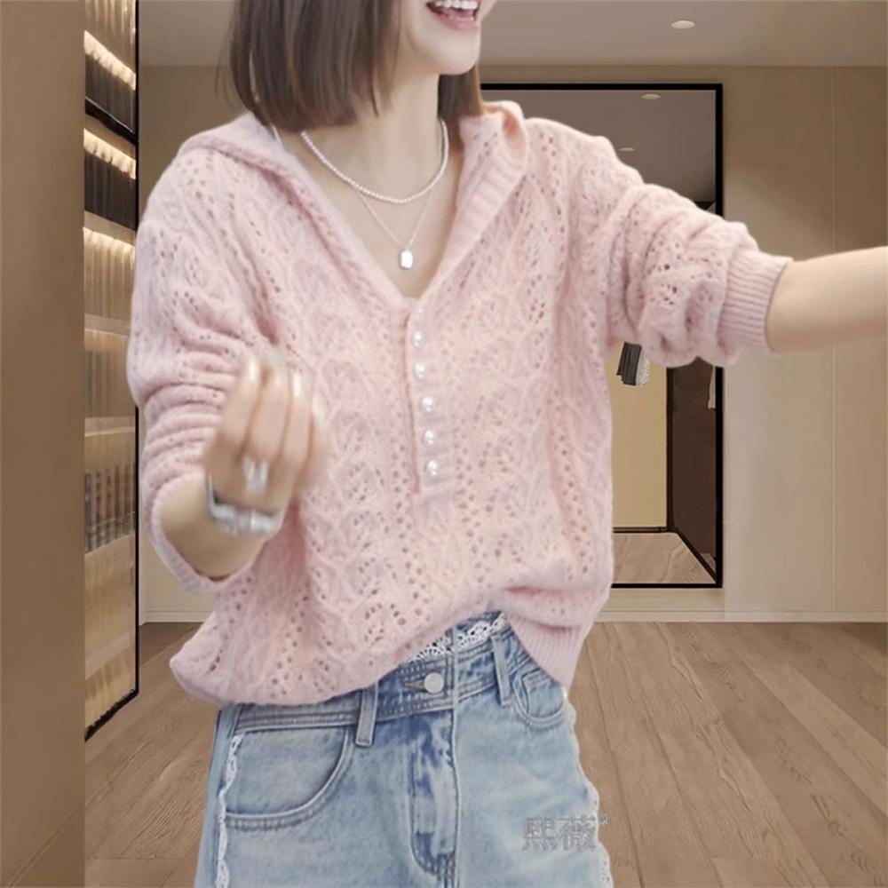Crochet Hollowed-out Hooded Knitted Sweater Women's Autumn New Thin Sweater Lazy Wind Long-sleeved Top