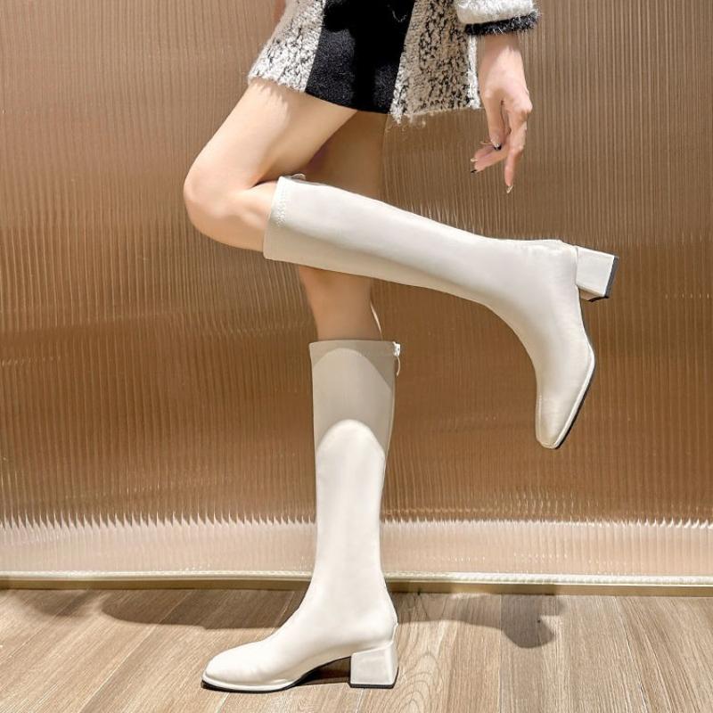 Fashion Spring Autumn Elegant Heeled Square Toe Leather Women's Long Boots Demi-season Gothic Trend 2025 Pu Ladies Knee High Shaft Shoes