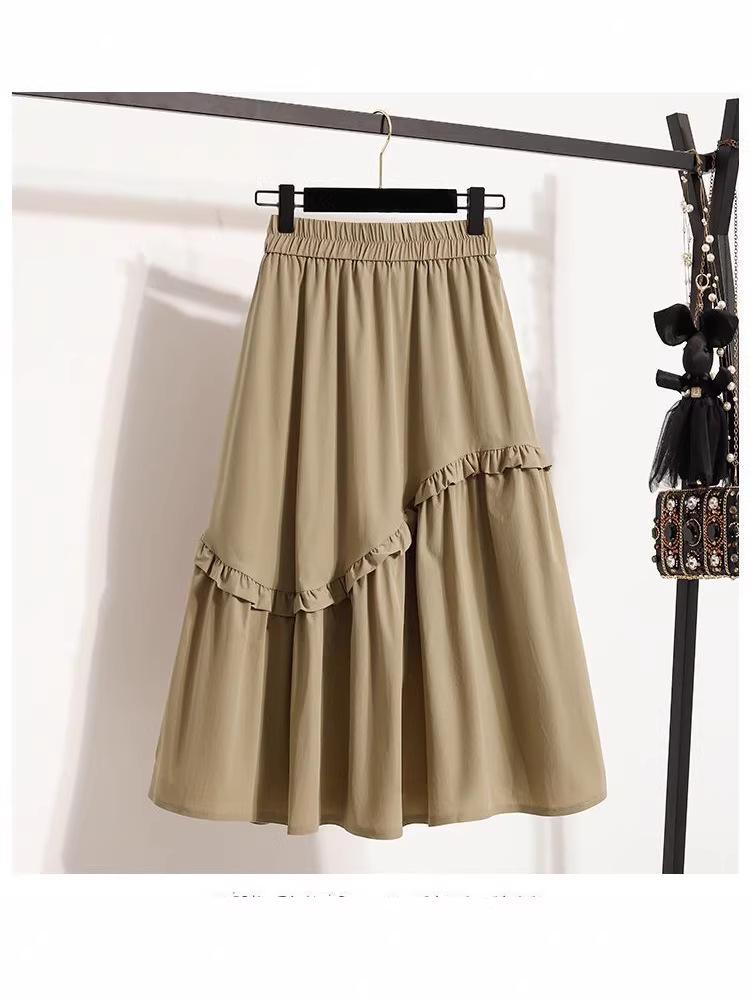Plus Size Elegant A-line Fluffy Skirt - Spring/Summer Korean Style, Casual High-Waisted, Versatile Mid-Length Skirt