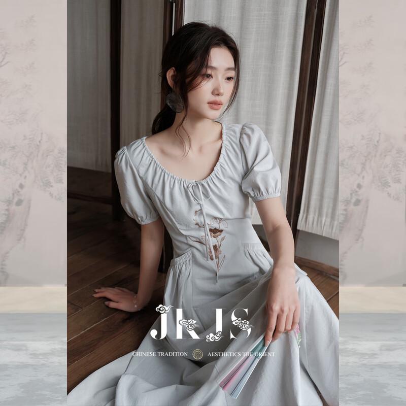 

JK&JS Zhi Lan Ting Yue Mist Blue Chinese Style Puff Sleeve Dress M