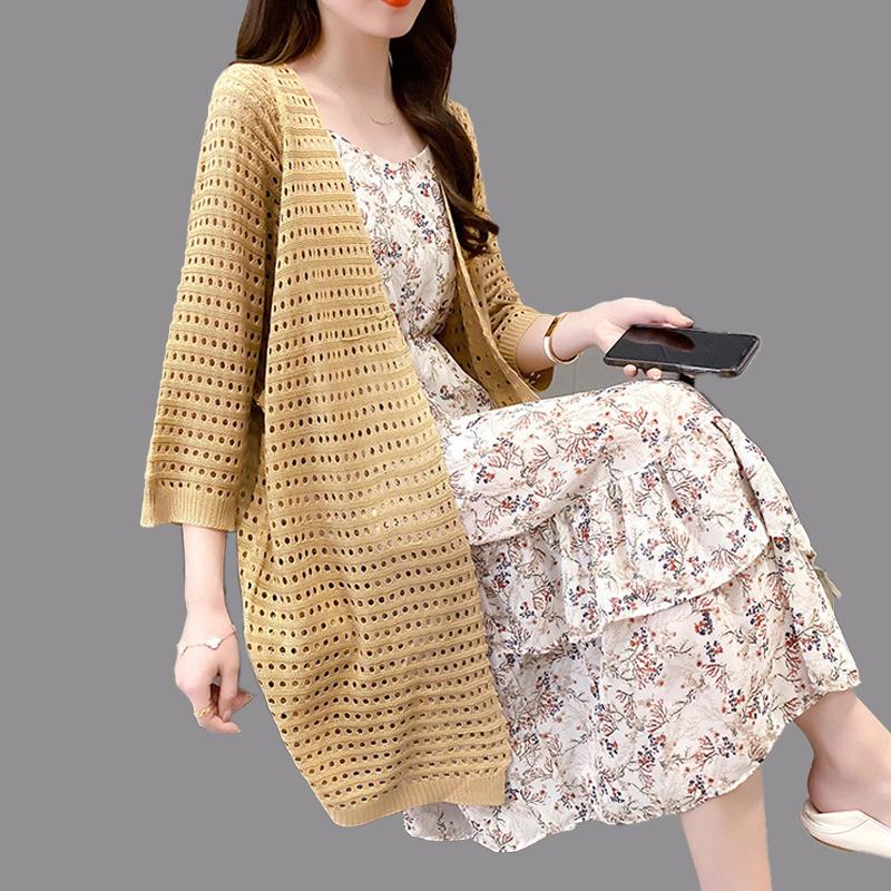 Summer Loose Thin Section Placket Women's Mid-length Knit Shirt New Hollow Shirt V-neck Sun Shawl Jacket