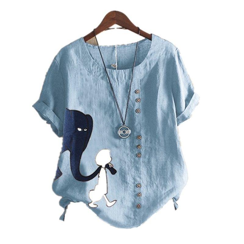 

Cotton Linen Button Loose Short Sleeve Shirt Cartoon Top Brown 4XL