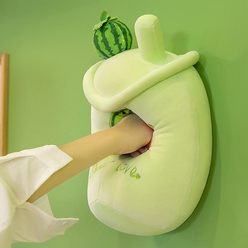 Creative fruit milk tea cup plush toy watermelon peach fruit cup throw pillow ragdoll doll girl gift