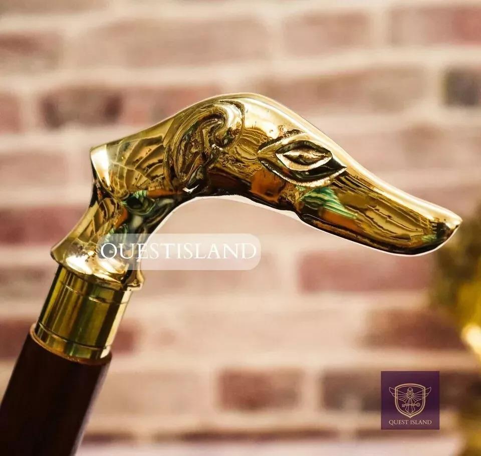 Walking Stick Dog Head Handle Brass Wooden Victorian Foldable Cane Collectible