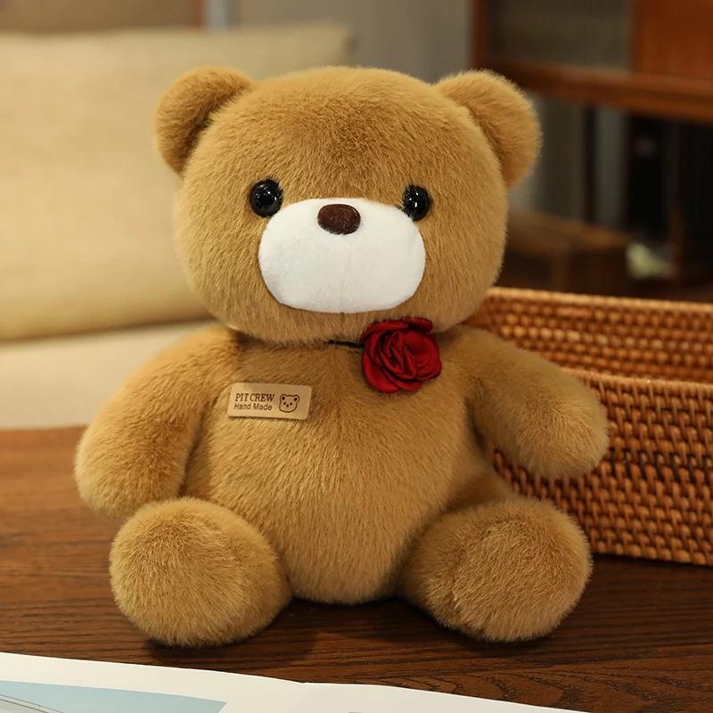 25cm Kawaii Colorful Bow Tie Bear Doll Plush Toy Stuffed Bear with Rose Animal Doll Birthday Gift Pillow for Girls Children