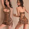 Erotic Underwear, Sexy Leopard Print Nightclub Role-playing Uniform, Seductive Lace-up, Cutout and Hot Pajamas 8623