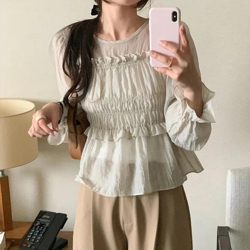 

Spring 2026 Korean Style Chiffon Top with Ruffle Pleats and Slimming Lotus Leaf Sleeves One Size абрикосовый