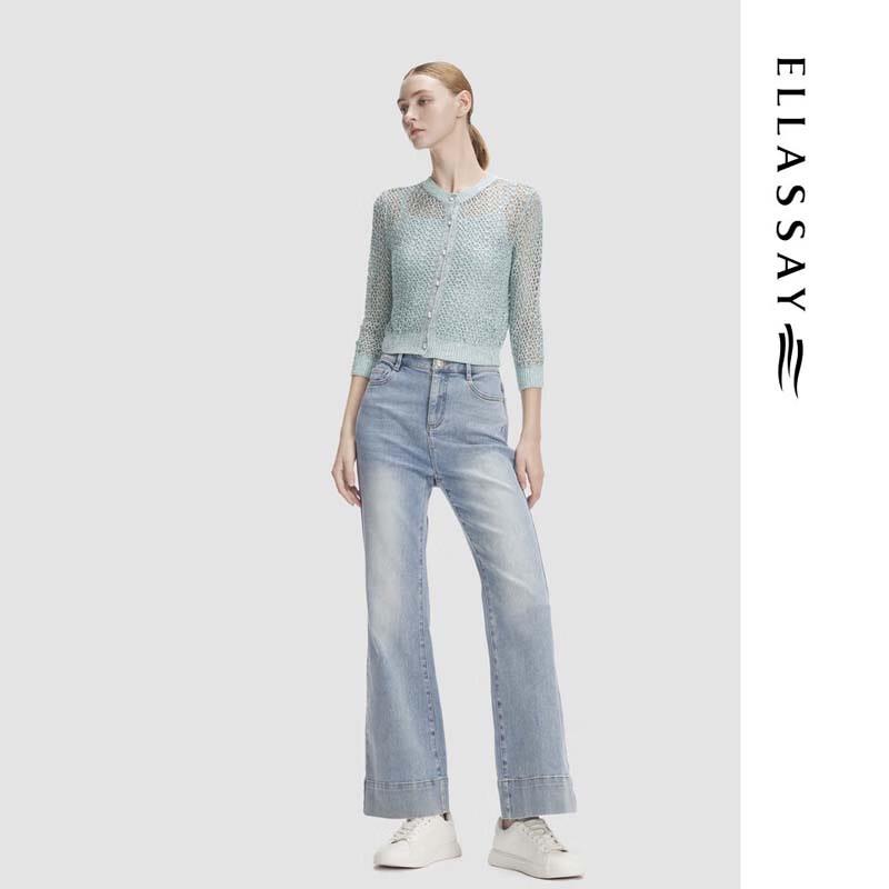 ELLASSAY Women's Woven Round Neck Knit Cardigan