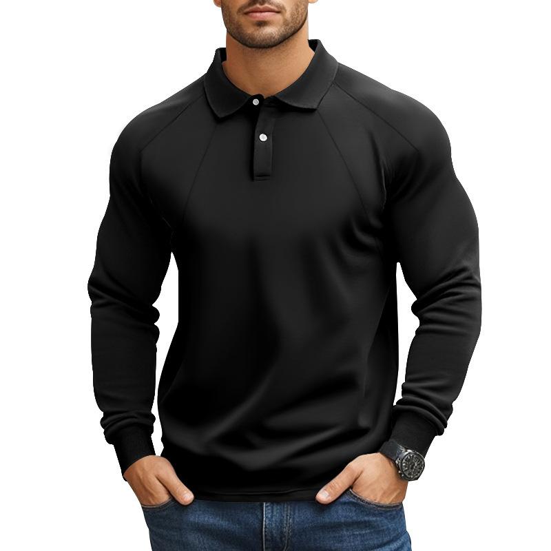 Herren Frühling und Herbst Revers Einfarbig Lässig Basic Amerikanisch Retro Überschulter Langarm Polo POLO-Shirt Herren