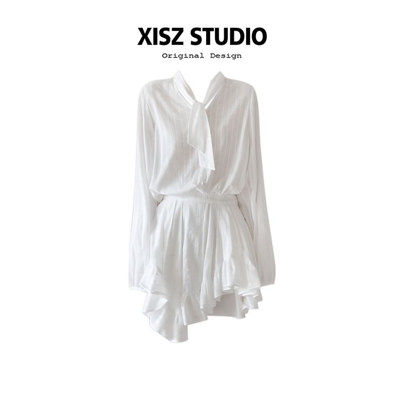 

Temperament Fashion Texture Sense Frill Irregular Long sleeve dress Women Early Autumn Commuting Slimming Waist Hugging Shirt Dress White S