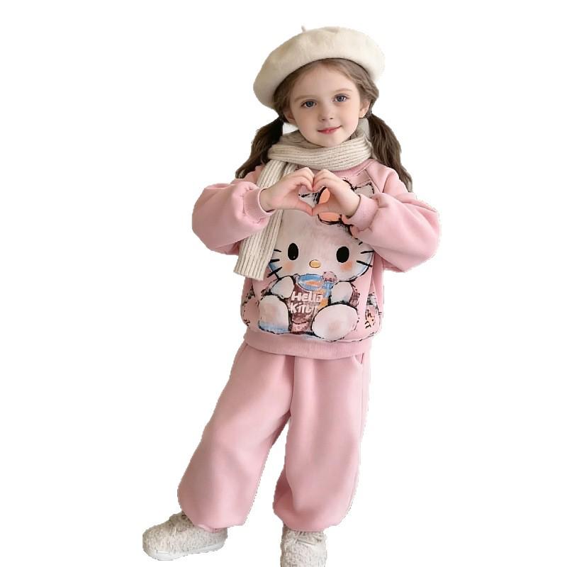 2026 Stylish Girls' Fleece-Lined Hoodie & Jogger Set - Winter Warm Cartoon Design