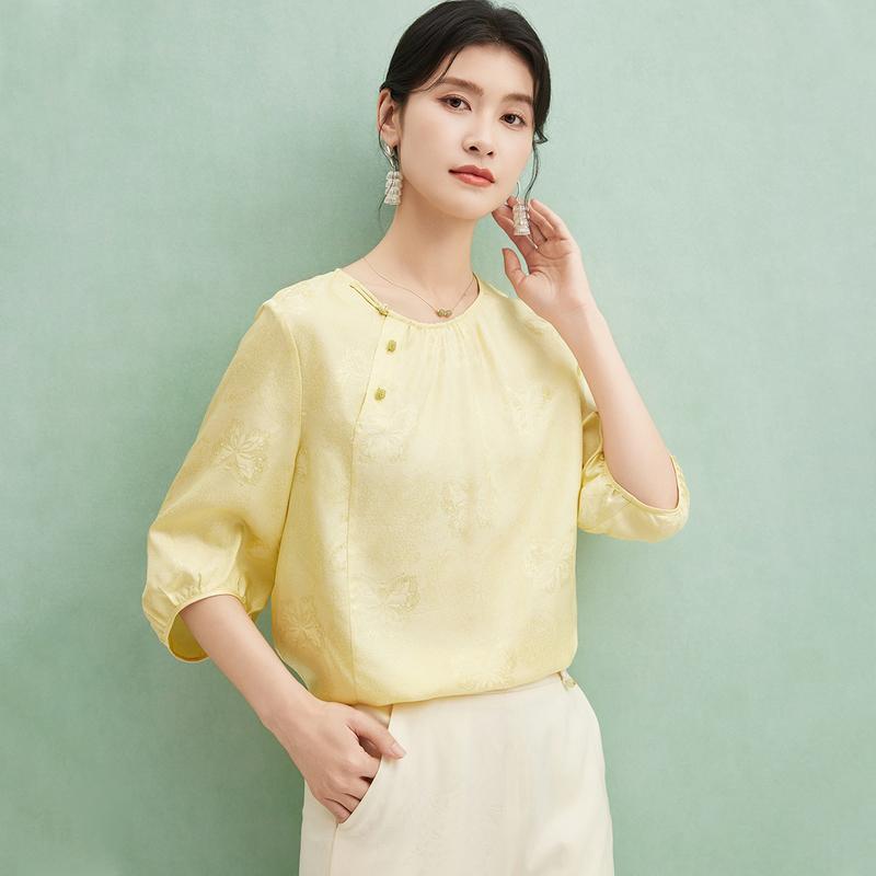 Mulberry silk 100% [24mm jacquard bamboo knot flower ivy] round neck slanted collar butterfly jacquard shirt summer