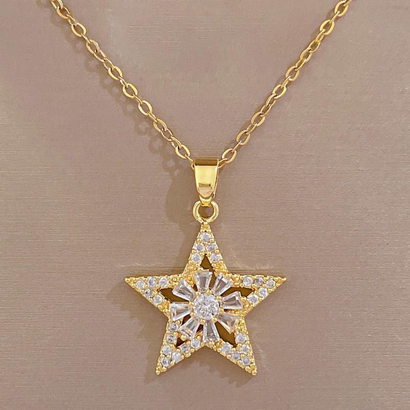 Necklace Earrings Set Light Luxury Full Of Diamonds Flower Five-Pointed Star Personality Temperament Banquet Earrings Necklace