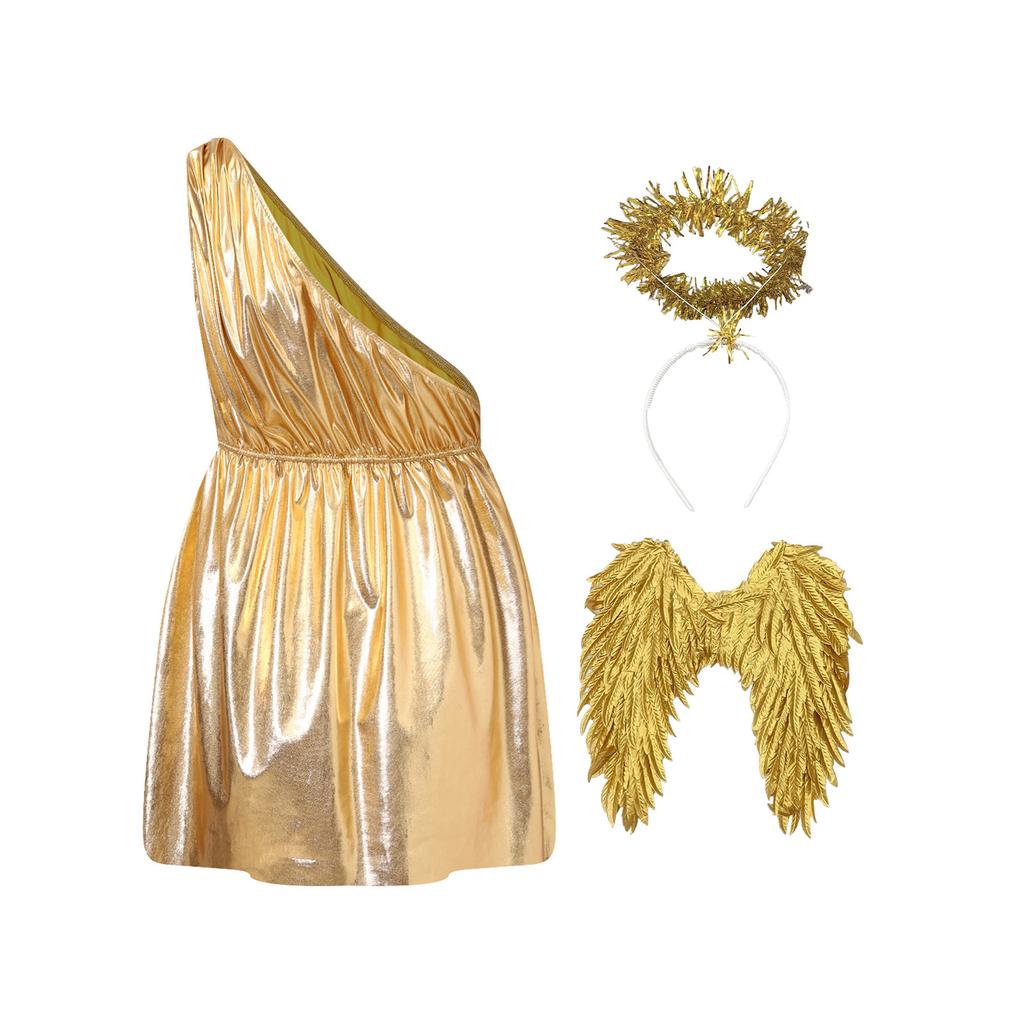 Mens Halloween Costume Metallic Toga One Shoulder Tunic Dress Wings Headwear