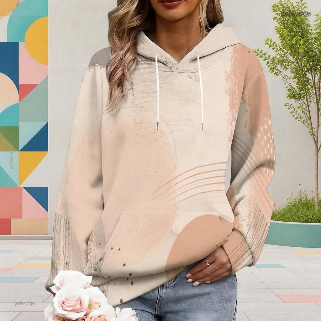 Women Plus Size Abstract Watercolor Printed Long Sleeve Drawstring Hoodie With Kangaroo Pocket