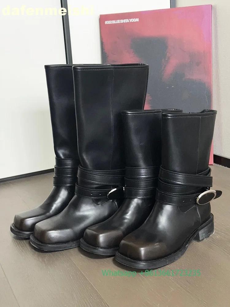 Fashion 2025 New Woman Knight Boots Ankle Straps Metal Buckle Square Toe High Boots Thick Heel Platform Western Cowboy Boots
