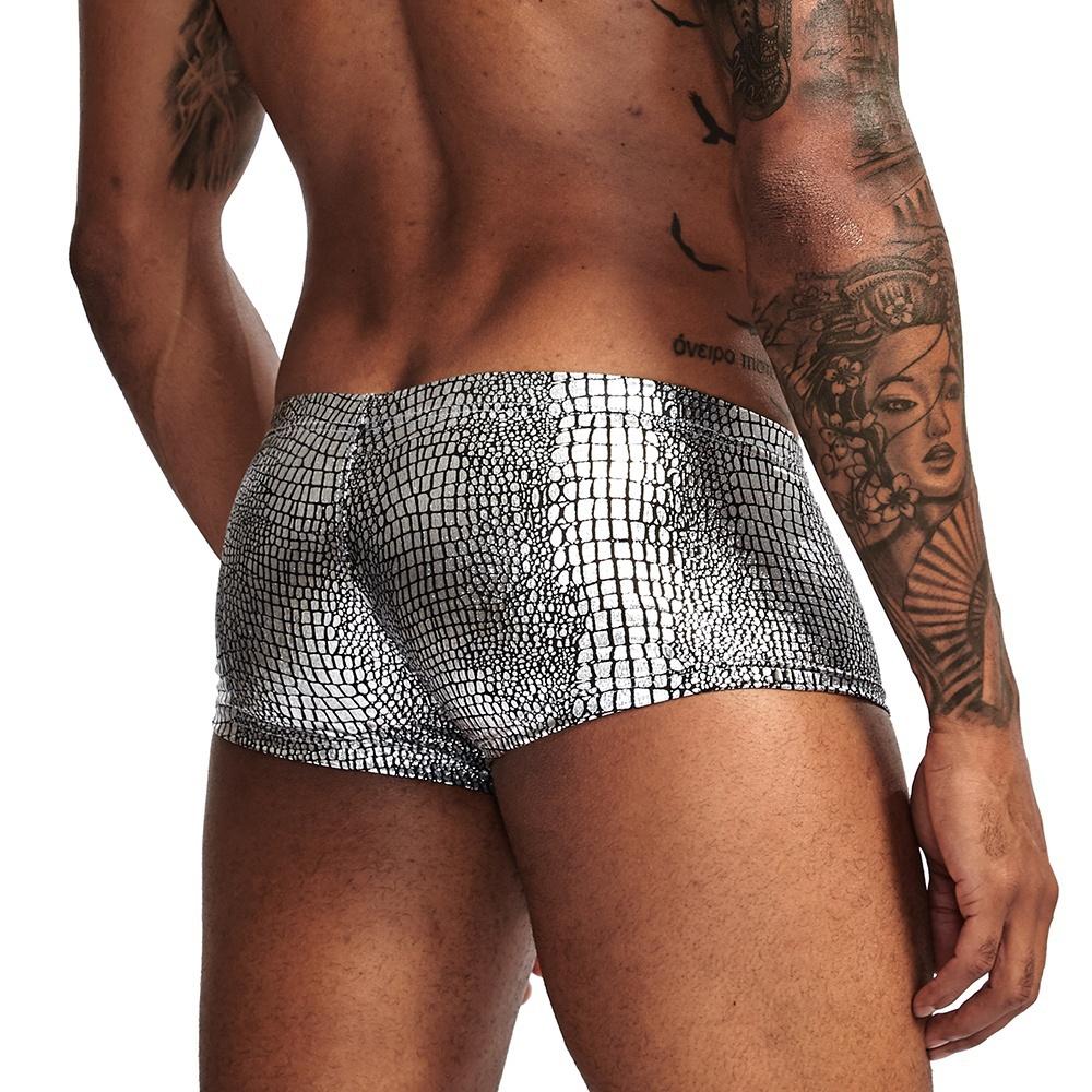 Sexy pánské lesklé imitace kůže boxerky Spodní prádlo Pánské spodky s hadí kůží U vypouklé pouzdro Boxerky Spodní prádlo pro muže
