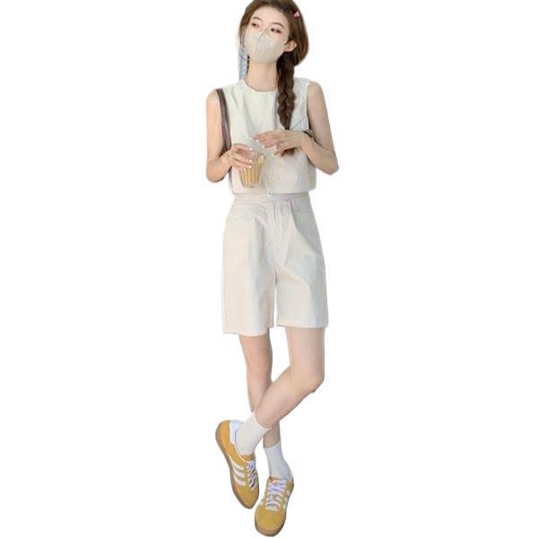 2026 Women's Casual Suit: Loose Vest Top & High-Waist Wide-Leg Shorts Two-Piece Set for Summer