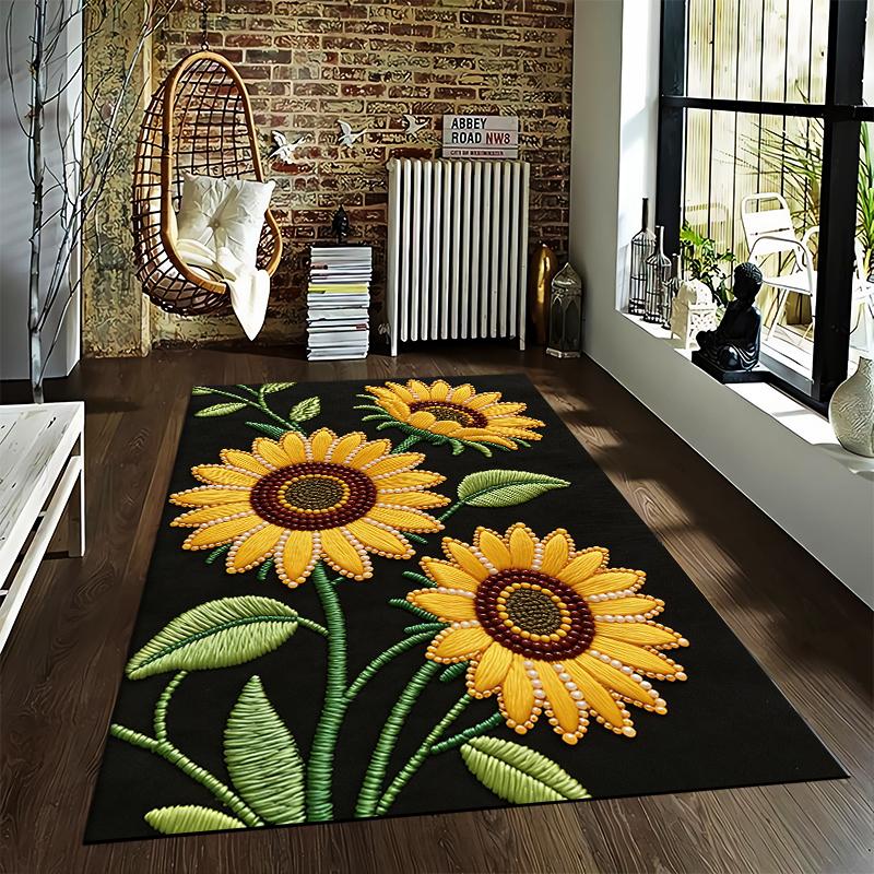 3D Sunflower Pattern Carpet with Black Background for Home Decor Suitable for use as an anti-slip for living room bedroom sofas