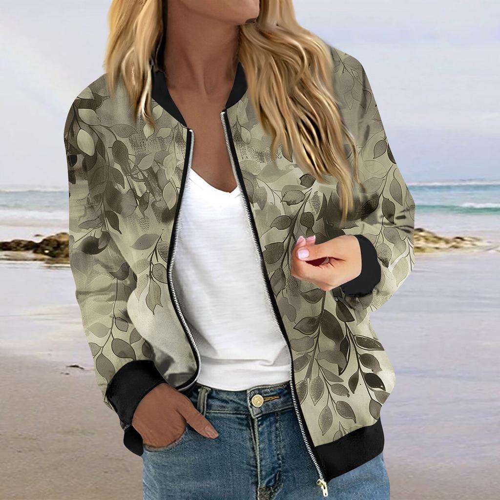 Jacken für Damen, langärmelig, leicht, mit Reißverschluss, kurzärmelig, bedruckt, lässige Steppjacken mit Taschen