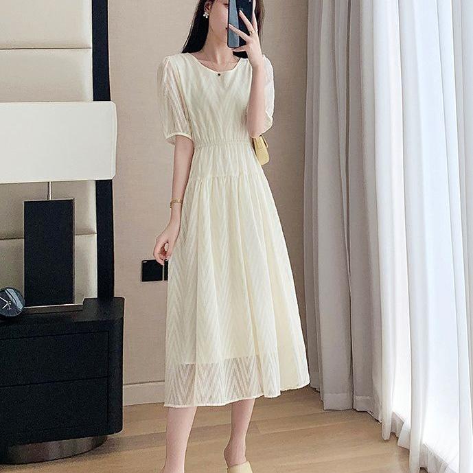 Elegant Mid-Length Chiffon Dress - Summer 2025, Round Neck, Slimming, Flattering Fit