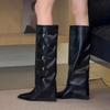 Hot Selling 2025 Metal Decor Wedge Heel Knee High Boots Women Autumn Fashion Pants Boots Woman Wide Leg Leather Long Botas Mujer