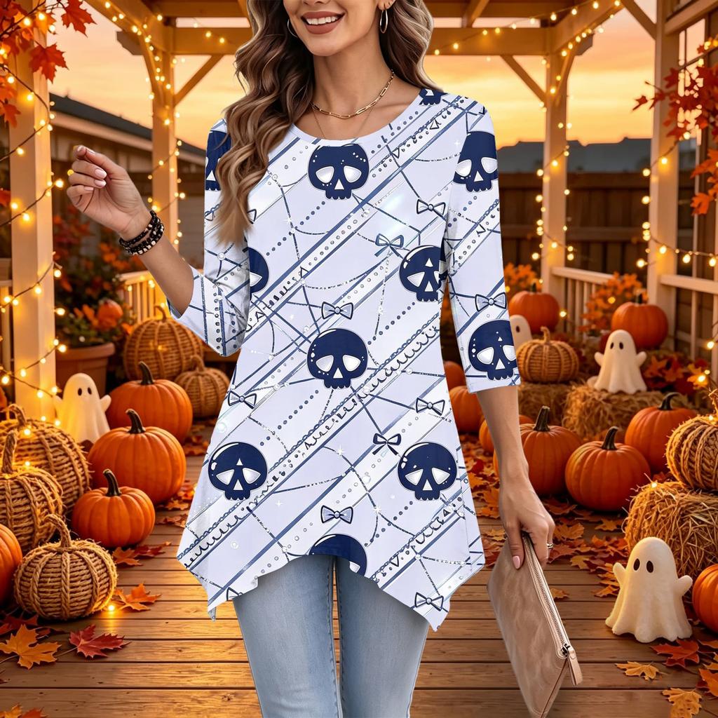 Women's Casual Halloween Print Top, Loose Fit Three-Quarter Sleeve